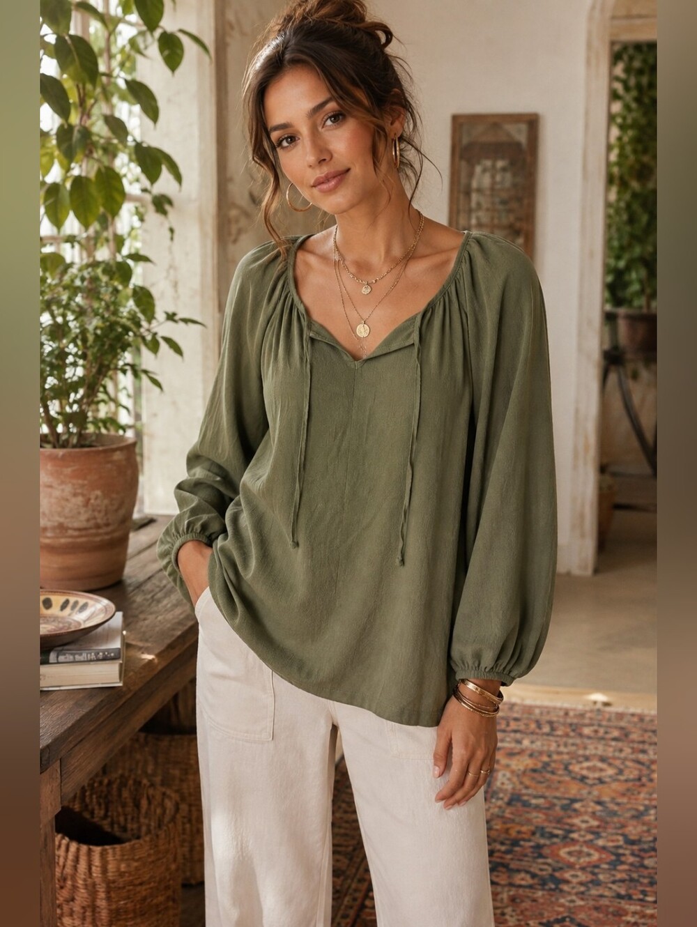 Kathy Ireland Olive Green Peasant Blouse L Long Elastic Cuff Sleeves Tie Neck
